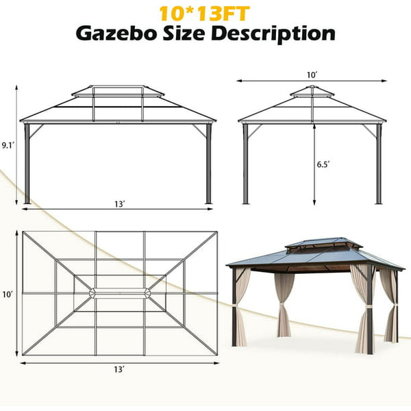 EROMMY 10'x13' Outdoor Polycarbonate Double Roof Hardtop Gazebo Canopy Curtains Aluminum Frame with Netting for Garden,Patio