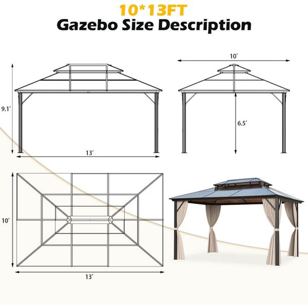 Erommy 10x13ft Outdoor Double Roof Hardtop Gazebo Canopy Curtains Aluminum Furniture with Netting for Garden,Patio,Lawns,Parties