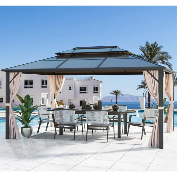Erommy 10x13ft Outdoor Double Roof Hardtop Gazebo Canopy Curtains Aluminum Furniture with Netting for Garden,Patio,Lawns,Parties