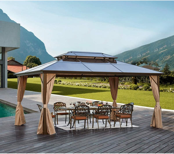 YOLENY 12'x16' Outdoor Polycarbonate Double Roof Hardtop Gazebo Canopy Curtains Aluminum Frame with Netting for Garden and Patio