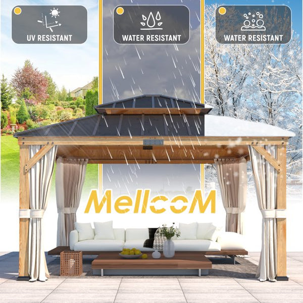 Mellcom 13' x 15' Asphalt Hardtop Gazebo, Spruce Wood Double Roof Gazebo, Canopy Gazebo with Waterproof Coated Wood Frame for Patios, Gardens, Lawns, and Backyards