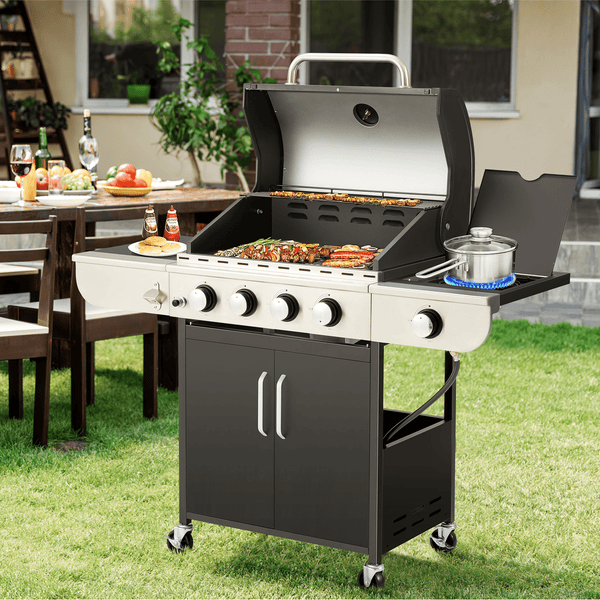 Mellcom 4 Burner Gas Grill,36000 BTU BBQ Propane Stainless Steel Grill with Stove and Side Table for Patio Garden