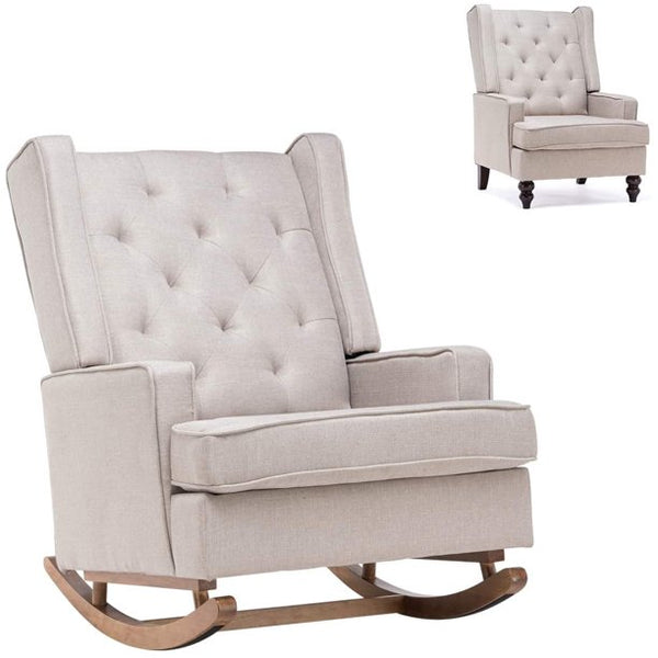 Yoleny Rocking Chair with Two Sets of Legs,Linen Fabric Glider Rocker Chair with Padded Seat,Upholstered Single Sofa, Beige