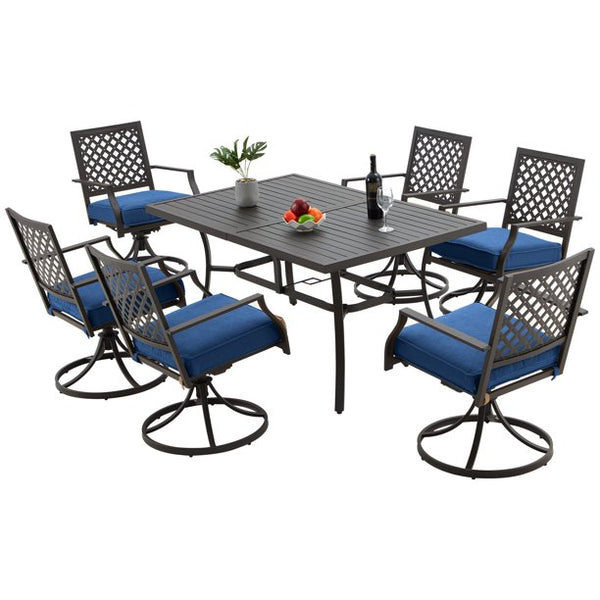Yoleny 7 Pieces Outdoor Patio Dining Set, Metal Furniture Set Patio Table and Chairs with Umbrella Hole for Outdoor Patio, Garden, Lawn, Blue