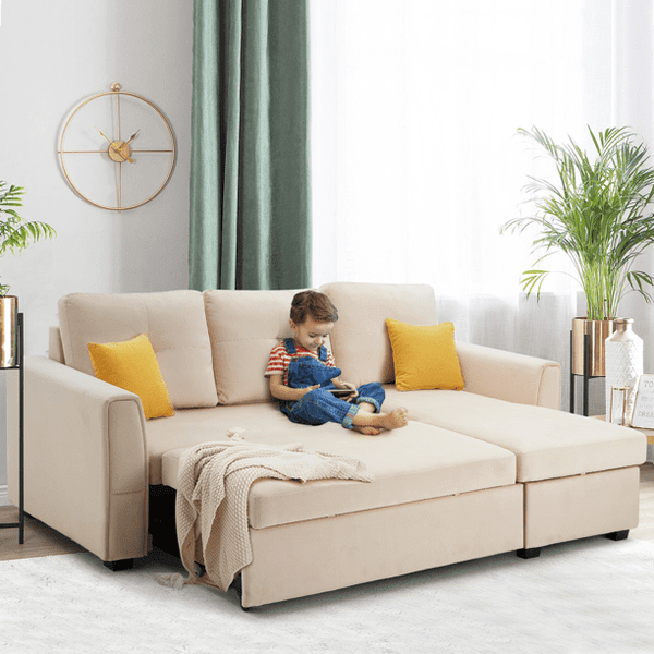 Mellcom Sectional Sleeper Sofa, Flannel L-Shaped Sofa Bed with Storage Ottoman, Beige