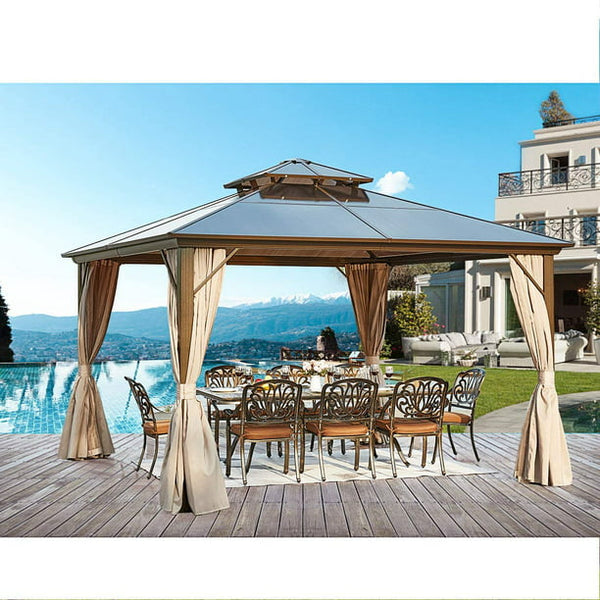 Erommy 12'x12' Outdoor Polycarbonate Double Roof Hardtop Gazebo Canopy Curtains Aluminum Frame with Netting for Garden,Patio