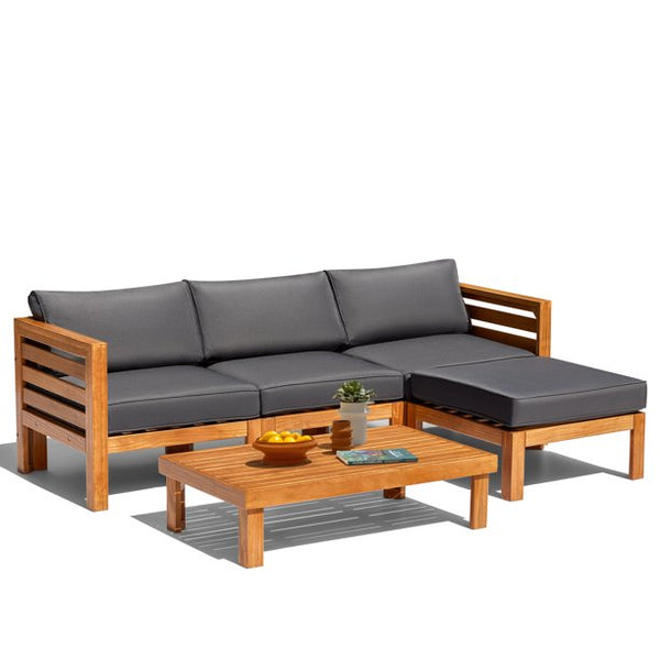 Mellcom 5 Piece Wood Patio Conversation Set with Coffee Table and Soft Cushions, Outdoor Sofa Set for Garden, Poolside and Backyard