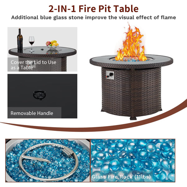 Yoleny Gas Fire Pit Table, 38" 50000 BTU Round Propane Firepits with Lid and Fire Glass, CSA Certification, Brown