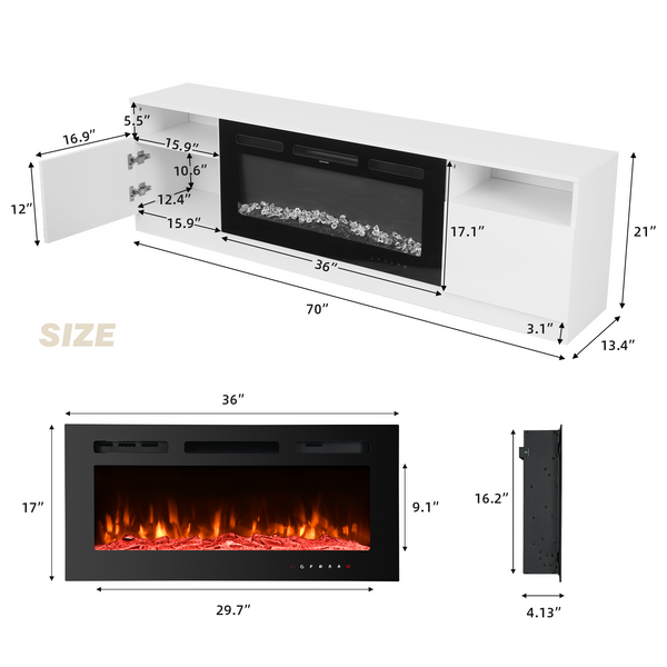 Mellcom 70'' Fireplace TV Stand with 36'' Electric Fireplace, Entertainment Center with 16 Color Led Lights and 12 Flame Fireplace Insert Heater, TV Console for TVs up to 80'' for Living Room, White