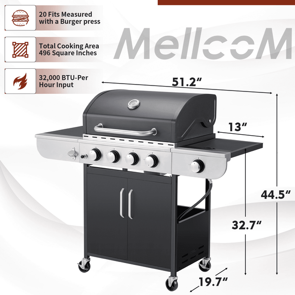 Mellcom 4 Burner Gas Grill,36000 BTU BBQ Propane Stainless Steel Grill with Stove and Side Table for Patio Garden