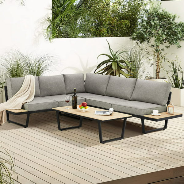 Erommy Outdoor Conversation Set with Coffee Table, All-Weather L-Shaped Metal Patio Sectional Sofa Set with Gray Cushion and Built-in Side Table for Patio, Deck, Backyard, Garden