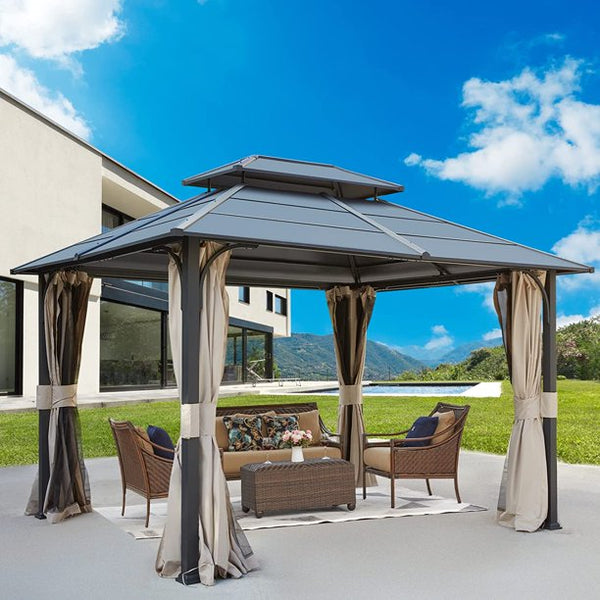 Yoleny 10' X 12' Outdoor Hardtop Gazebo,2-Tier Hardtop Galvanized Iron Aluminum Frame Garden Tent with Mosquito Net and Shaded Curtains for Patio, Backyard, Deck, Lawns