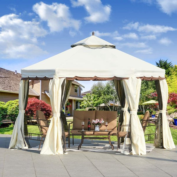 Yoleny 12FT Outdoor Canopy Gazebo Hexagonal Double Roof Patio Gazebo Steel Frame Pavilion with Netting and Shade Curtains for Garden,Patio,Party Canopy-white