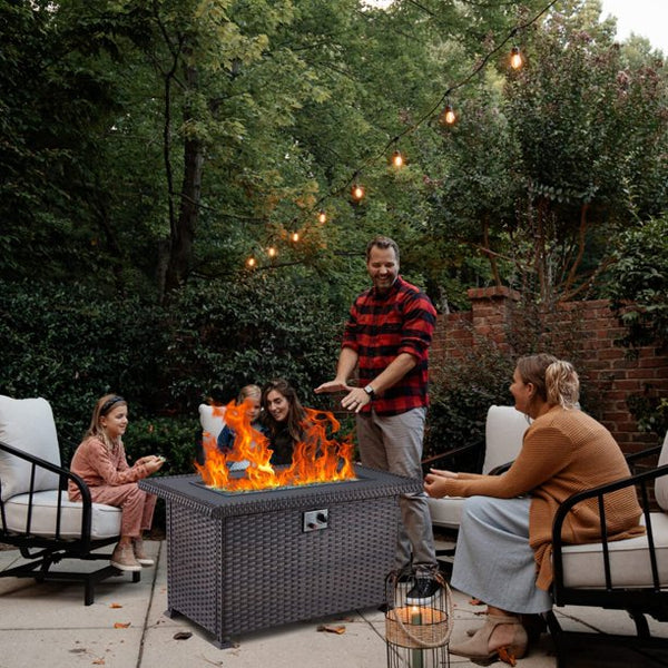 Yoleny 44'' Propane Fire Pit Table, 50,000 BTU Rectangular Gas Fire Pit, CSA Certified Wicker Fire Pit Table with Fire Pit Cover, Aluminum Tabletop and Glass Rocks, Suiltable for Poolside, Backyard