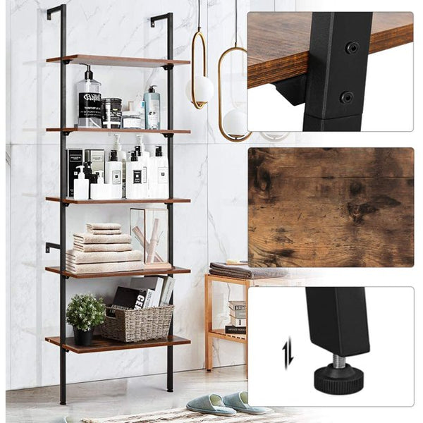 Yoleny 5 Tier Industrial Ladder Shelf, Wood Modern Bookshelf with Metal Frame, Wall-Mounted Plant Flower Storage Organizer, Brown