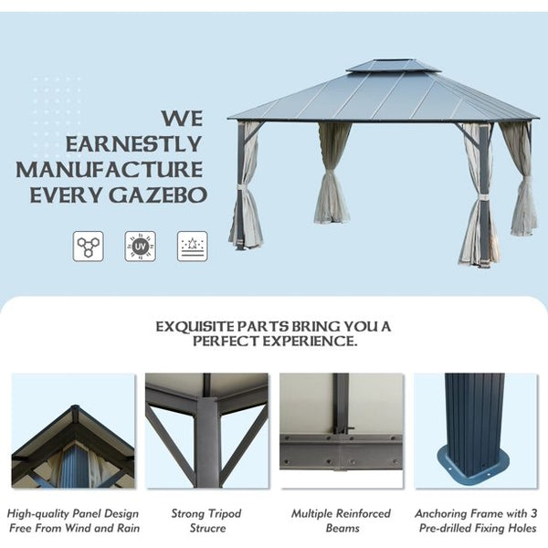 Erommy 12'x14' Outdoor Hardtop Gazebo Patio Furniture, Aluminum Frame Double Roof, Privacy Curtains and Premium Net for Patio Lawn and Garden