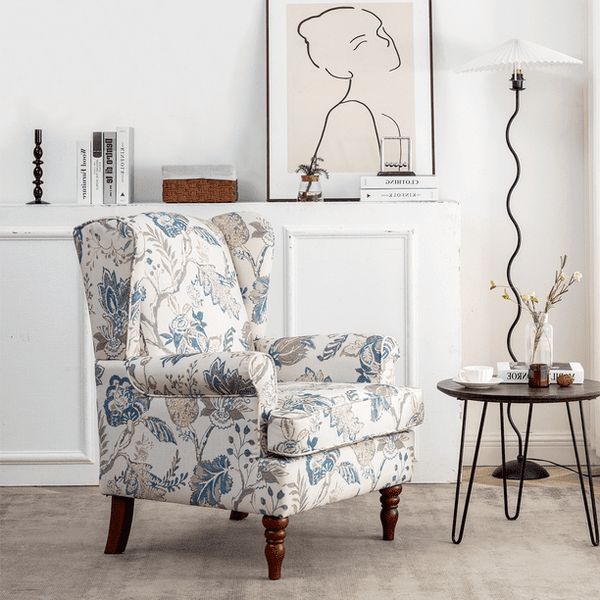 Mellcom Upholstered Accent Chair, Floral Print Fabric Armchair,Blue