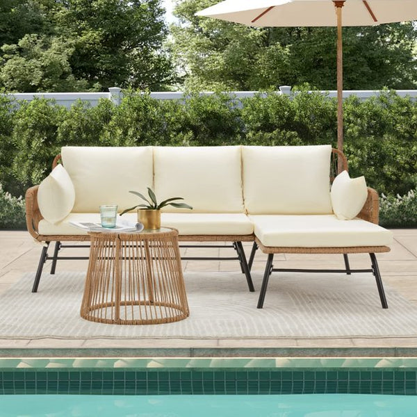 Erommy 3 Pieces L-Shaped Sectional Wicker Conversation Sets with Cushions and Glass Table