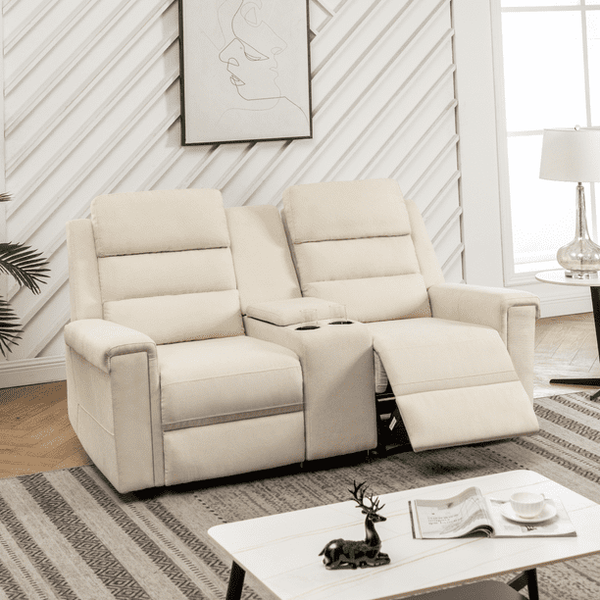 Mellcom Reclining Console Loveseat, Manual Upholstered Home Theater Seating, Arm Sofa Recliner Chair for Living Room, Beige