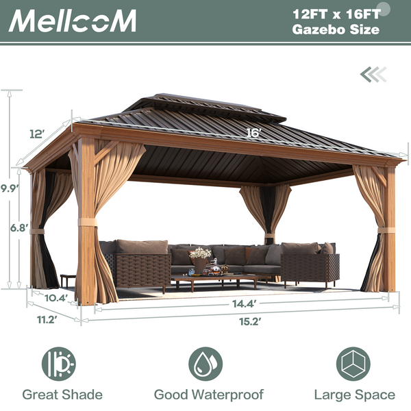Mellcom 12' X 16'  Hardtop Gazebo Aluminum Frame Gazebo with Galvanized Steel Double Roof