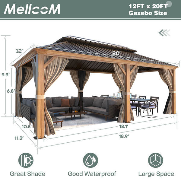 Hommow 12' X 20' Hardtop Gazebo Aluminum Frame Gazebo with Galvanized Steel Double Roof