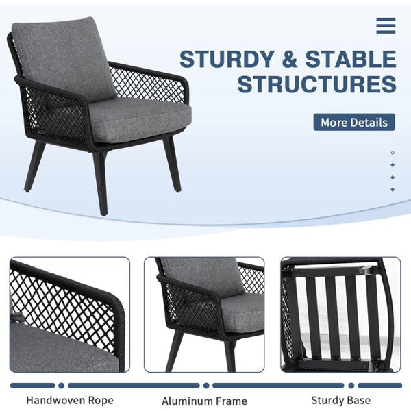Yoleny 4 Pieces Patio Conversation Sets, Outdoor Rope-Woven Aluminum Patio Furniture Set with Thick Cushions, and Tempered Glass Coffee Table