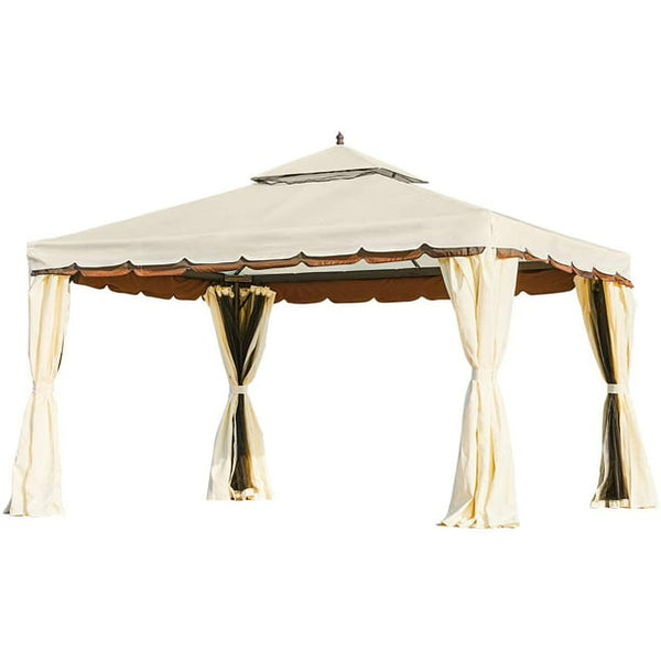 Yoleny 10’ x 12’ Outdoor Canopy Gazebo Double Roof Patio Gazebo Steel Frame with Netting and Shade Curtains for Garden,Patio,Party Canopy-Beige