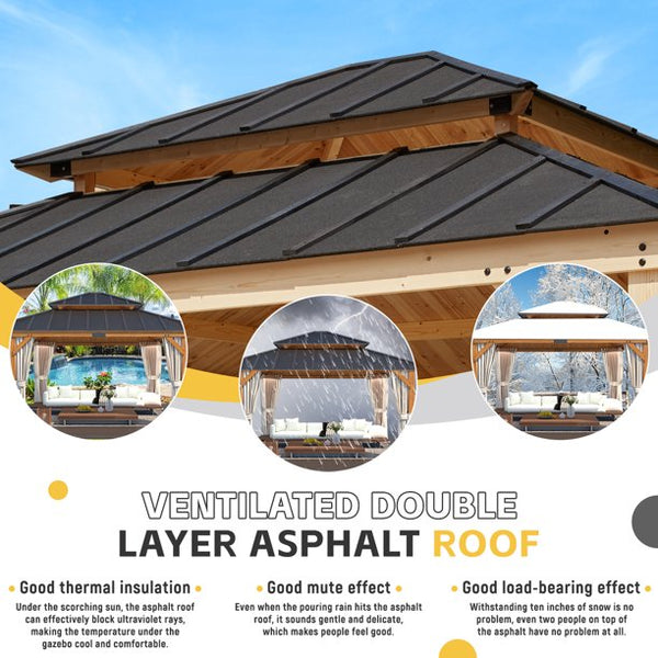 Mellcom 13' x 15' Asphalt Hardtop Gazebo, Spruce Wood Double Roof Gazebo, Canopy Gazebo with Waterproof Coated Wood Frame for Patios, Gardens, Lawns, and Backyards