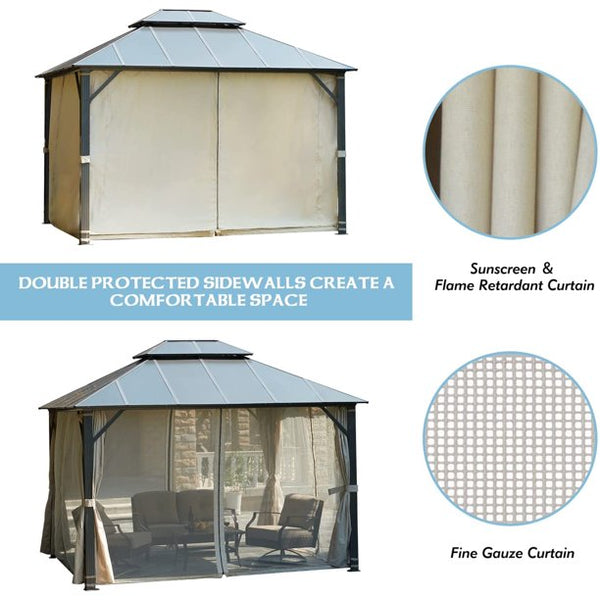 Erommy 12x14FT Hardtop Gazebo, Permanent Outdoor Aluminum Patio Gazebo with Aluminum Composite Double Roof for Patio Lawn and Garden, Curtains and Netting Included