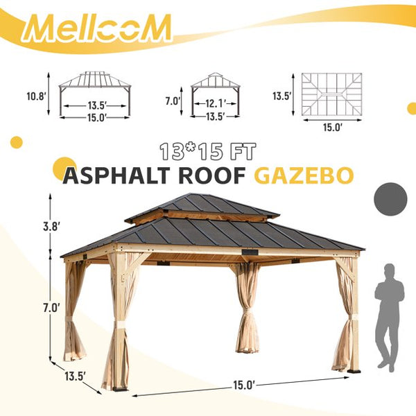 Mellcom 13' x 15' Asphalt Hardtop Gazebo, Spruce Wood Double Roof Gazebo, Canopy Gazebo with Waterproof Coated Wood Frame for Patios, Gardens, Lawns, and Backyards