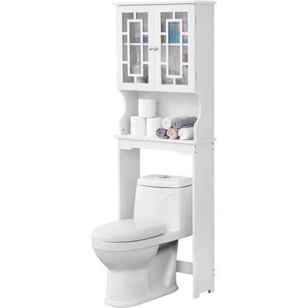Yoleny Toilet Storage Wooden Bathroom Organizer with 2 Glass Doors & Adjustable Shelf, Over Toilet Cabinets for Bathroom, White
