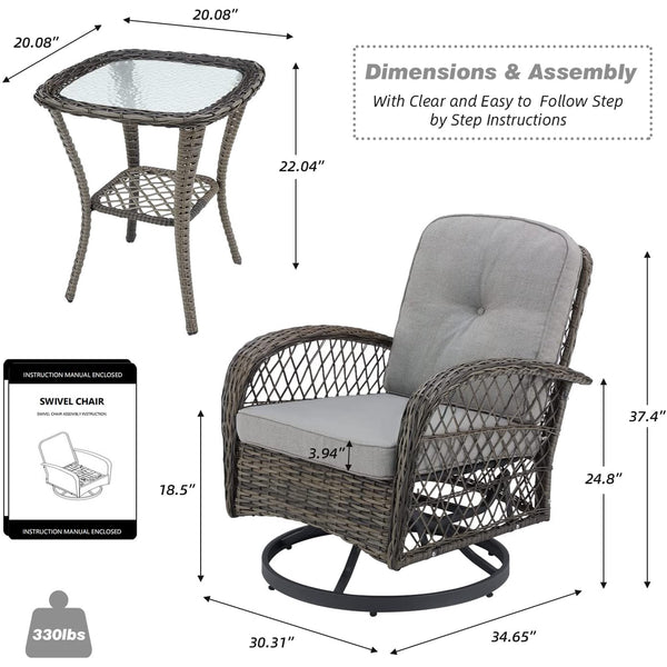 Erommy Outdoor Rocker Patio Chairs 360 ° Swivel , 3 Pieces Patio Conversation Set with Thickened Cushions and Glass Table, Gray