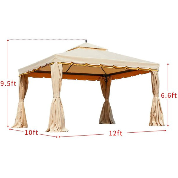 Yoleny 10’ x 12’ Outdoor Canopy Gazebo Double Roof Patio Gazebo Steel Frame with Netting and Shade Curtains for Garden,Patio,Party Canopy-Beige