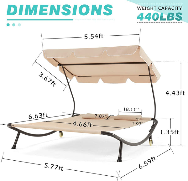 Yoleny Patio Double Chaise Lounge with Adjustable Canopy, Outdoor Hammock Daybed with Wheels and Pillows for 2 Person, Oxford Cloth Chaise Lounge Bed for Ousides, Garden, Backyard, Lawn, Beige