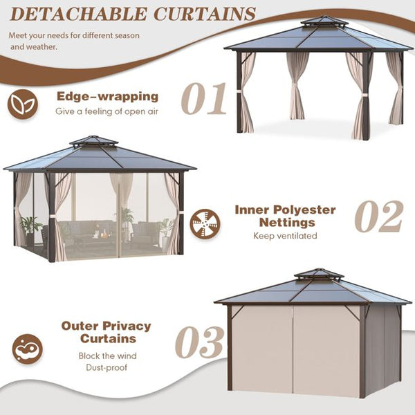 Mellcom 12'x12' Outdoor Hardtop Gazebo, Polycarbonate Double Roof Patio Gazebo