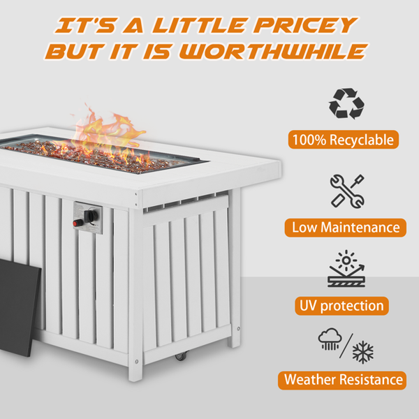 Mellcom 43in Propane Fire Pit Table, 50000 BTU HDPE Rectangle Gas Fire Pit for Outside, Paito, Backyard, White