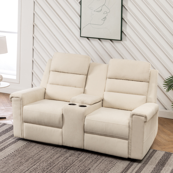Mellcom Reclining Console Loveseat, Manual Upholstered Home Theater Seating, Arm Sofa Recliner Chair for Living Room, Beige