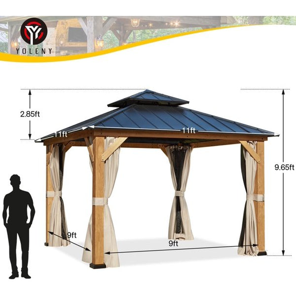 Yoleny 11' x 11' Cedar Wood Gazebo, Outdoor Hardtop Gazebo with Privacy Curtains and Mosquito Netting, for Patio, Garden, Backyard
