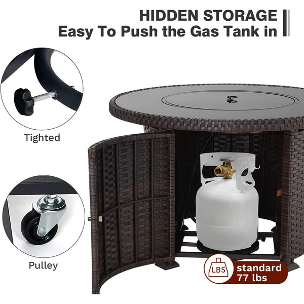 Yoleny Gas Fire Pit Table, 38" 50000 BTU Round Propane Firepits with Lid and Fire Glass, CSA Certification, Brown