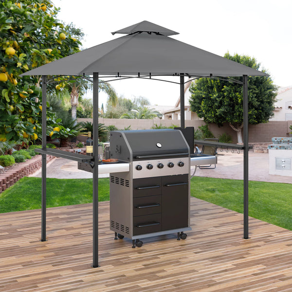 Yoleny 8'×5' Grill Gazebo Double Tiered, Grill Canopy with Soft Top and Heavy-Duty Steel Frame, Outdoor BBQ Gazebo Canopy with Shelves and Hooks for Patio Backyard Deck Barbeque, Gray