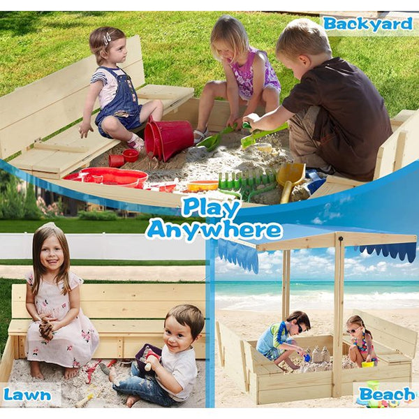 Hommow Kids Outdoor Toy Sandbox w/ 2 Foldable Bench Seats, Height Adjustable Outdoor Sandbox with Canopy Roof