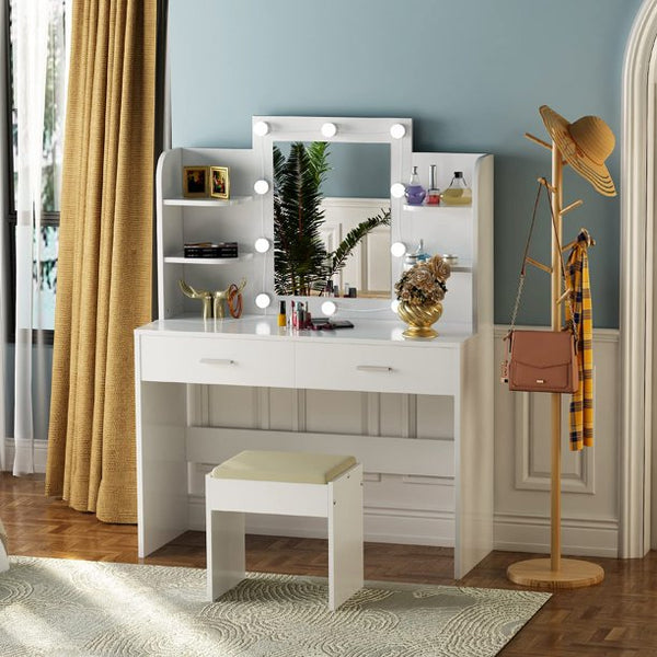 MELLCOM Vanity Table Set Makeup Desk, Dressing Table with Lighted Mirror, White