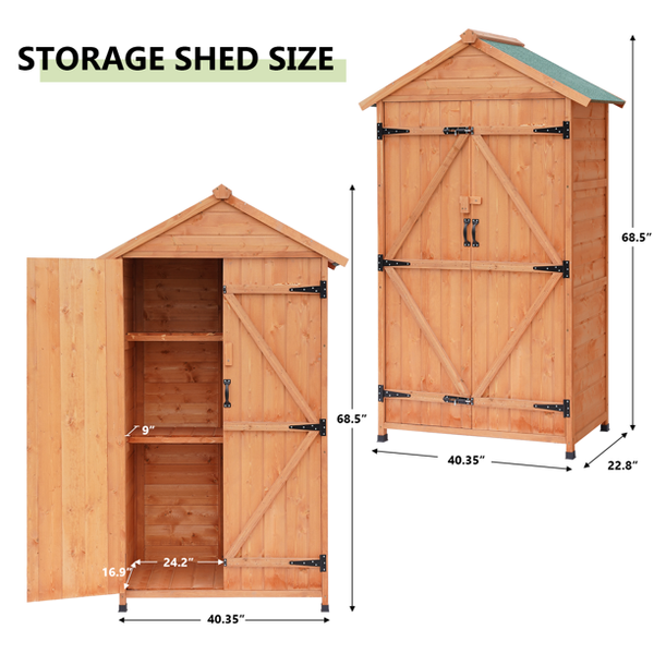 Mellcom Wooden Garden Storage Shed with Locker Doors, Outdoor Tool Shed with Asphalt Roof for Patio, Garden, Backyard, Lawn