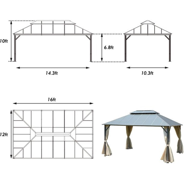 Erommy 12'x16Ft Hardtop Gazebo, Permanent Outdoor Aluminum Patio Gazebo with Aluminum Composite Double Roof for Patio Lawn and Garden