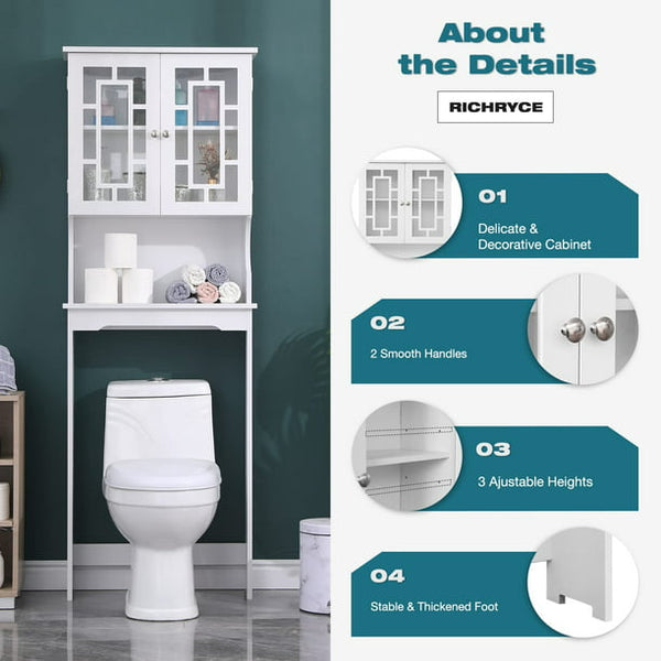 Yoleny Toilet Storage Wooden Bathroom Organizer with 2 Glass Doors & Adjustable Shelf, Over Toilet Cabinets for Bathroom, White