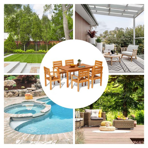 Mellcom 7 Piece Outdoor Patio Dining Set Rectangular Solid Wood Furniture