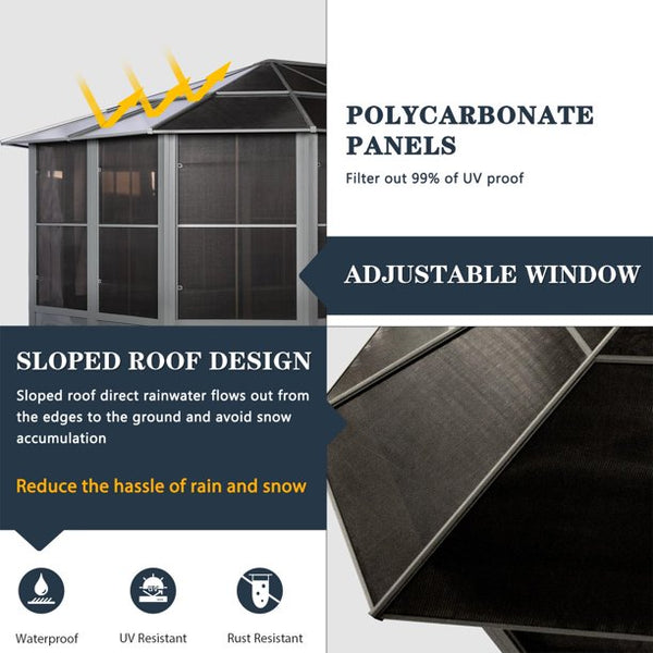 Yoleny 12' x 18' Solarium Sunroom, Outdoor Hardtop Polycarbonate Roof Sun Room, Aluminum Frame Permanent Tiny House with Sliding Doors and Screens,for Garden, Patio, Lawns