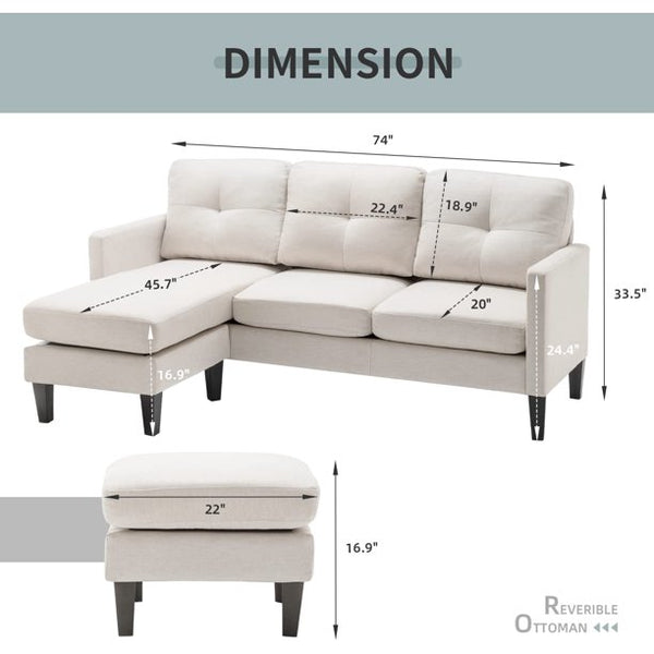 Mellcom Reversible Sectional Sofa, L-Shaped Chaise Longue with Movable Modular Ottoman, for Apartments Small Spaces, Beige