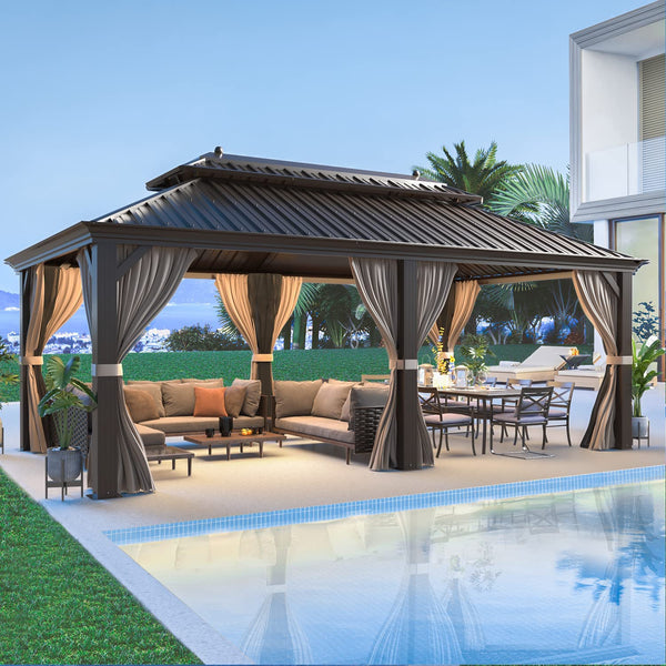 Mellcom 12' X 20' Hardtop Gazebo Galvanized Steel, Outdoor Canopy Double Roof Patio Gazebo with Aluminum Frame