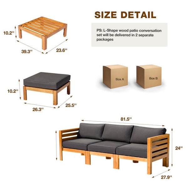 Mellcom 5 Piece Wood Patio Conversation Set with Coffee Table and Soft Cushions, Outdoor Sofa Set for Garden, Poolside and Backyard